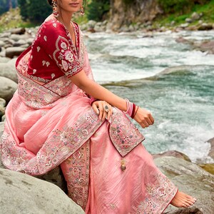 Pink Embroidered Silk Saree