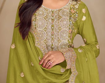 Embroidered Green Chinnon Silk Kurta Palazzo Set, Indian Pakistani Wedding Outfit