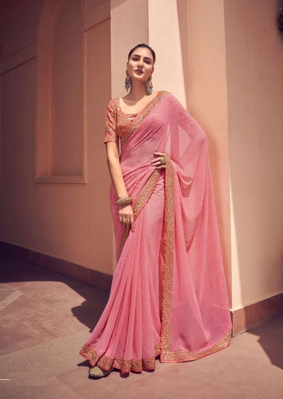 Pink Saree in Georgette With Stitched Blouse for Girls and Women Sari -   Canada