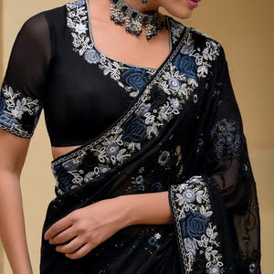 Handwork Black Silk Saree , Saree For USA Women, Designer Saree, Party Wear Saree, black sari,Wedding Wear Saree, Black Saree, Saree Red