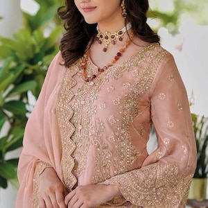New 3 piece Peach Peach Pink Salwar Kameez with Dupatta, Indian Designer Festive Partywear Straight Kurta with Pant Plazzo set Readymade