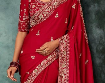 Red Silk Saree with Sequence Work, Designer Bollywood Style Party Wear