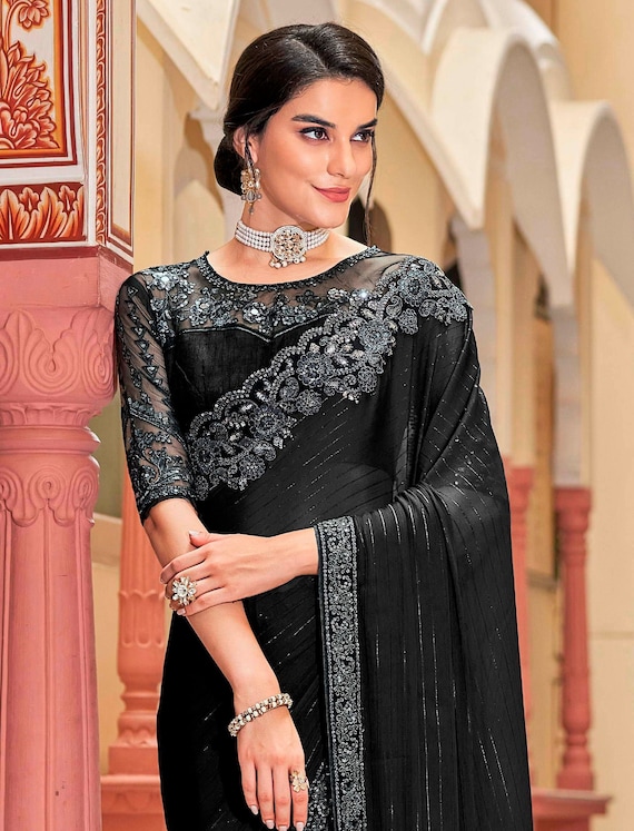 Black Silk Saree, Sari With Stitched Blouse, Ready to Wear Indian