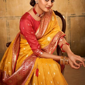 Yellow Red Banarasi Tissue Silk Saree: Festive Indian Traditional Wear