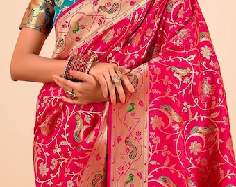 Saree de seda, Saree de seda Paithani con pieza de blusa, Saree de seda Paithani envío gratuito en EE. UU., Reino Unido para mujeres boda Saree