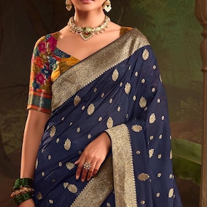 Blauwe dola zijden sari voor dames, traditionele Indiase zijden sari in blauwe kleur