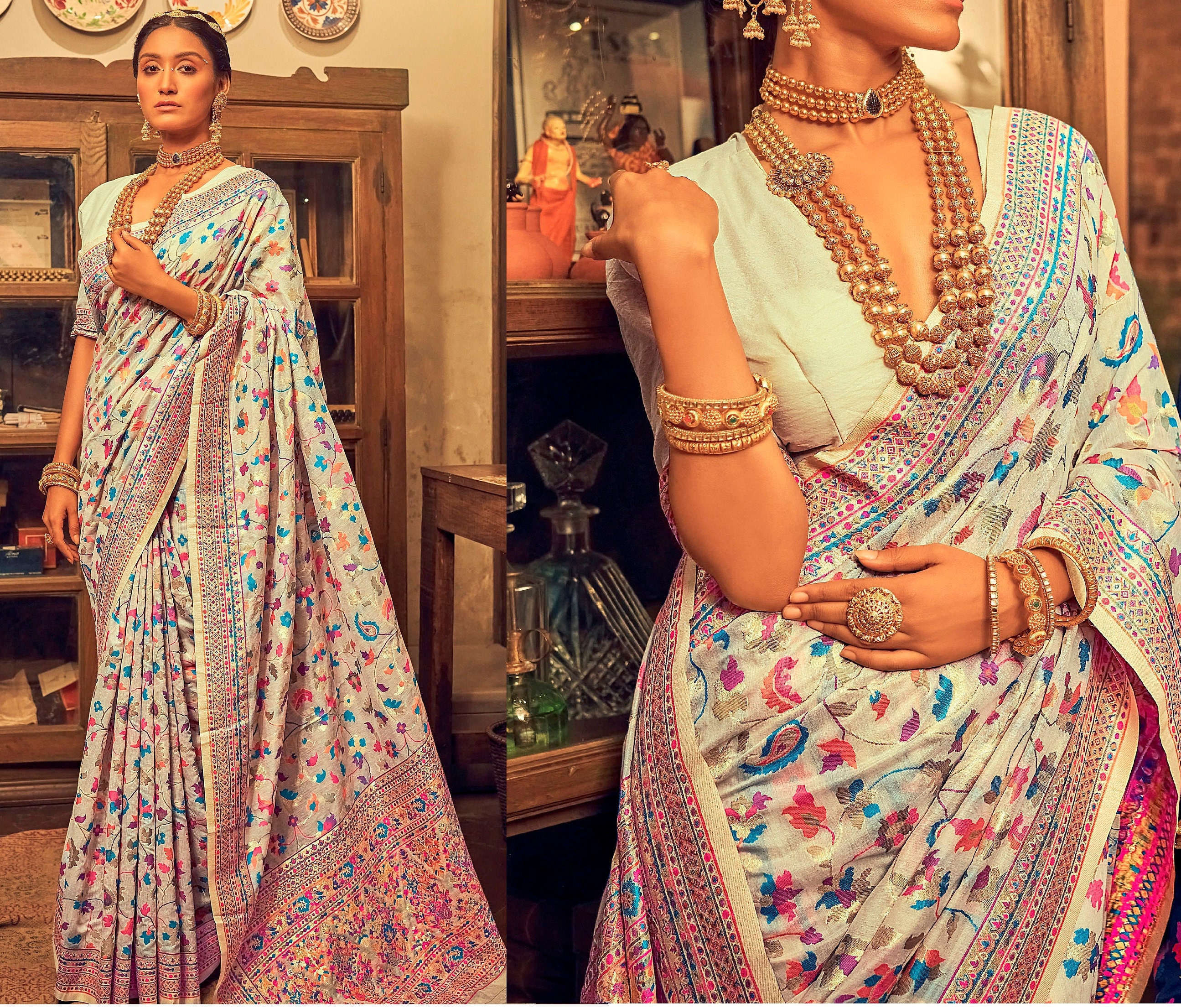 Buy New Beige Pashmina Saree, Sari for Wedding Reception Party Function Wear Kashmiri Weaving Silk Kani Saree for Women, Royal Look Sarees Gifts Online in India - Etsy