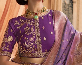 Designer paarse zijden sari met geborduurde blouse voor feestelijke kleding