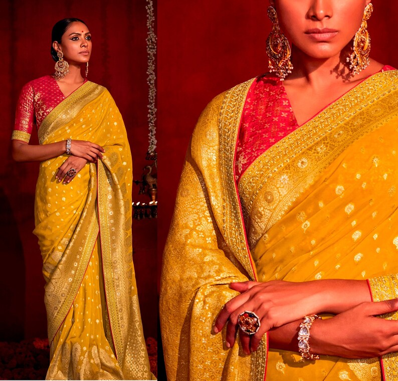 Latest Silk Saree in Yellow Color for Haldi Function Wedding Saree ...