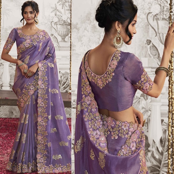 New Women Saree,Trendy Lavender color, purple saree,Floral work designer blouse for Sangeet,Wedding Wear,Sari,Purple Soft silk saree