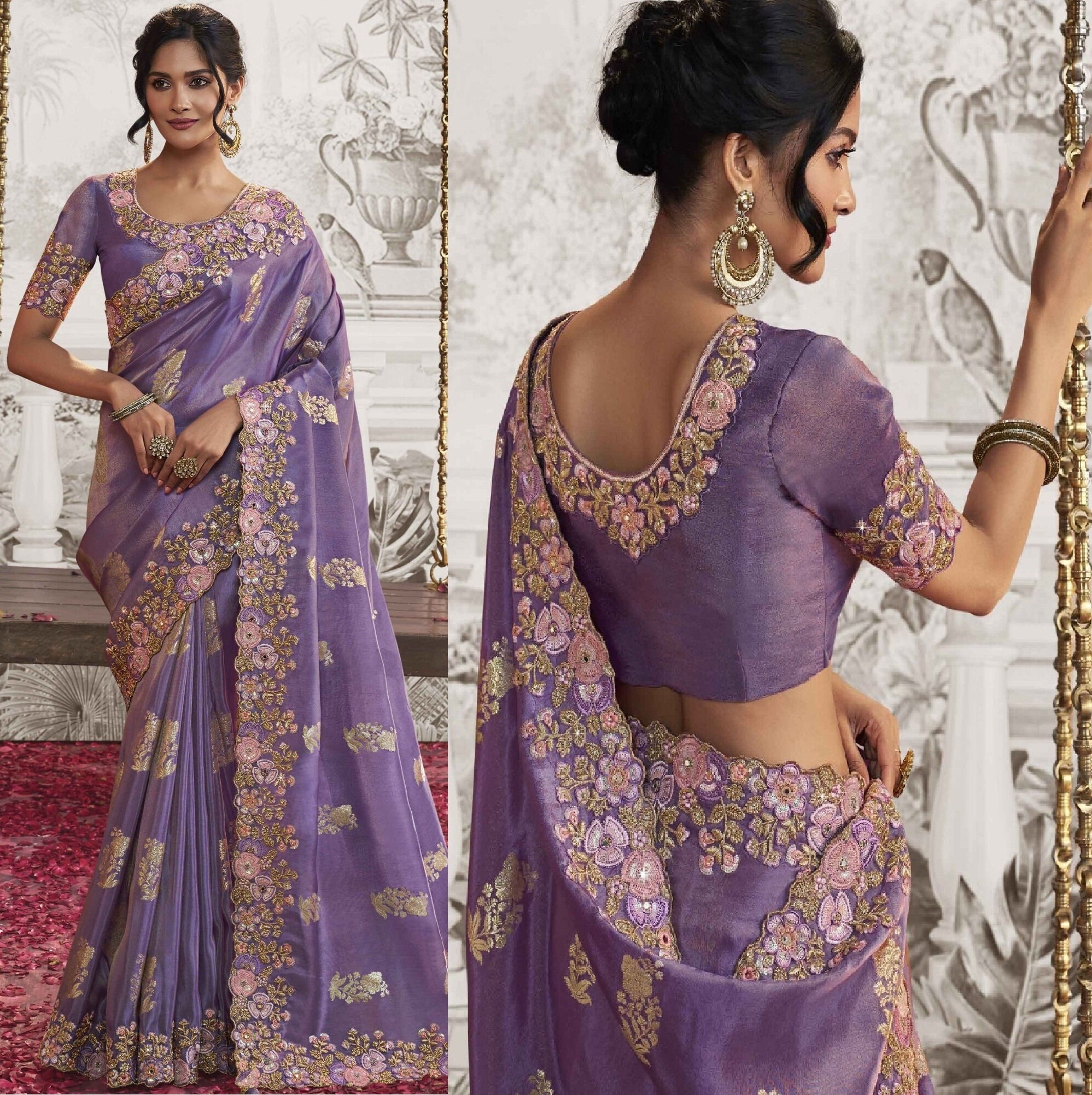 light violet colour saree contrast blouse