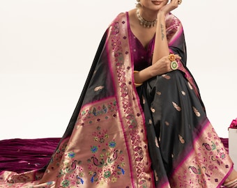 Red Black Saree, Paithani Sari, Bollywood Style Silk Saree with Blouse,Silk Saree,Saree,Sari,paithani saree black