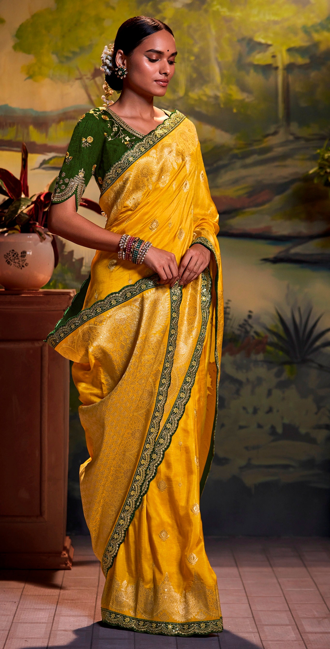 Buy Mustard Yellow Silk Saree Floral Embroidered Border Online