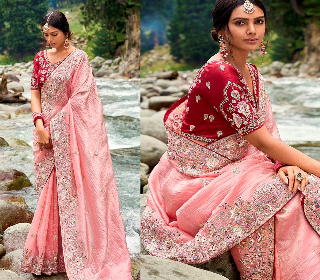 Pink Embroidered Silk Saree main image 1