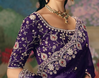 Paarse zijden sari vrouwen sari trendy paarse sari bloemenwerk designer blouse voor Sangeet trouwkleding sari zachte zijden sari