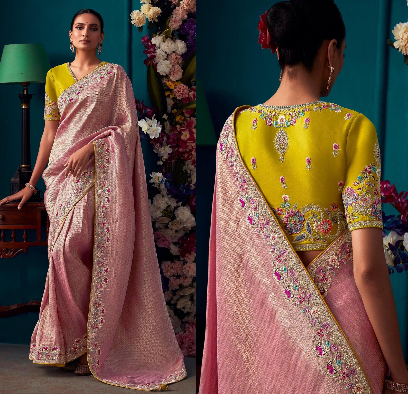 Sunlit Bloom Printed Pre Stitched Saree with Pink Embellished Blouse! main image 0