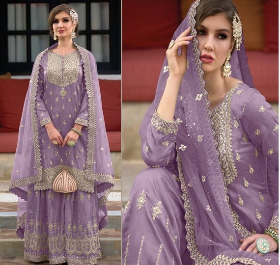 Purple Color Crepe Base Full Sleeves Printed Palazzo Suit