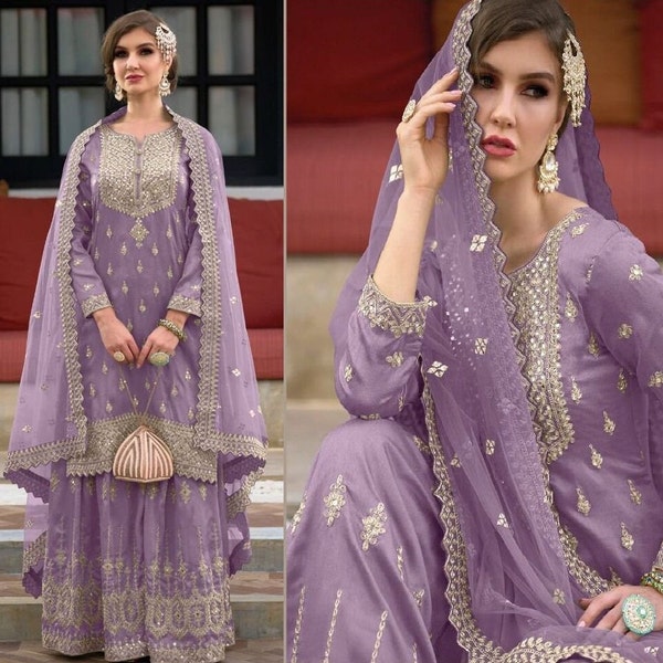 Purple Beautiful Partywear Kurta Plazo Sharara Set with Dupatta, Pakistani Designer 3 piece Salwar Kameez for Weddings Readymade Dresses