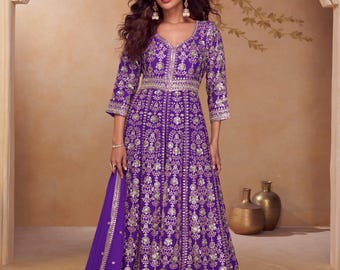 Último modelo de seda morada, confeccionado, traje, vestido, salwar kameez, traje, traje sharara cosido, boda india, pakistaní, salwar kameez para fiestas