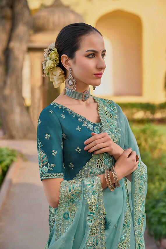 Saree en organza de createur bleu pour femme mariage soie tenues de mariage tenues de fete sari cadeau Diwali sari en organza Etsy France