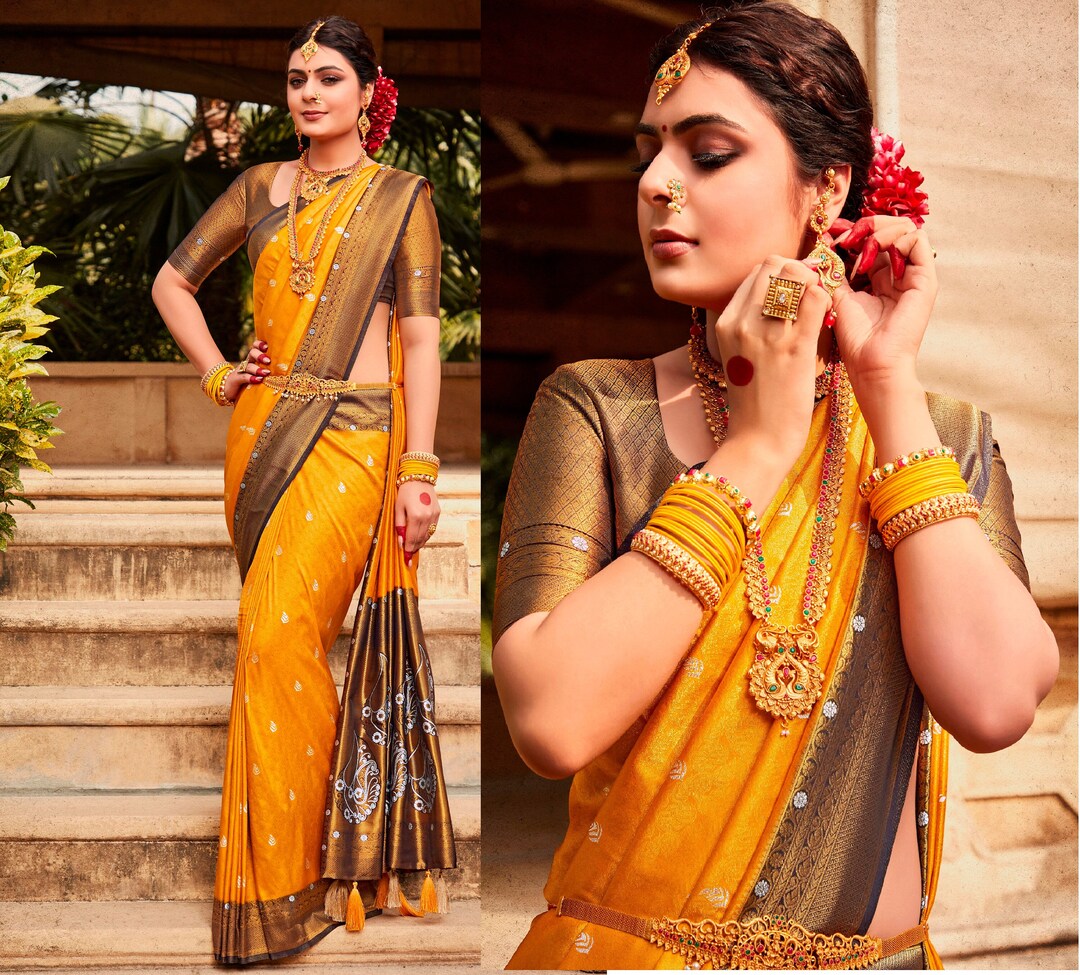 Women Yellow Kanjivaram Silk Saree With UnStiched Blouse