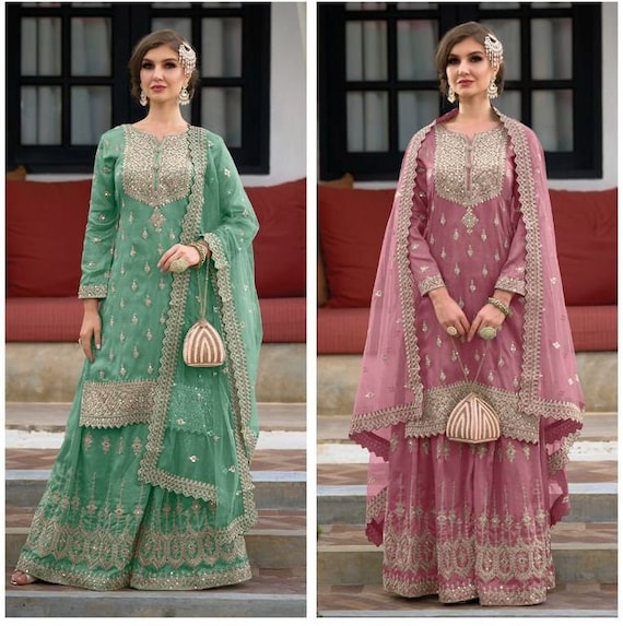 Heavy georgette Party Wear Readymade Plazo Suit in Dusty Pink Color with  Embroidery Work - Party Wear Salwar Suit - Suits & Sharara