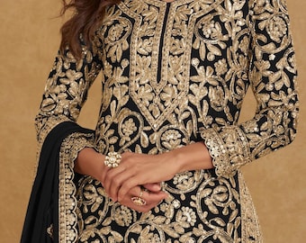 Black Pakistani suit,Outfit,Black,Ready to wear Punjabi suit with dupatta, Salwar kameez for women USA, Indian Party dresses USA