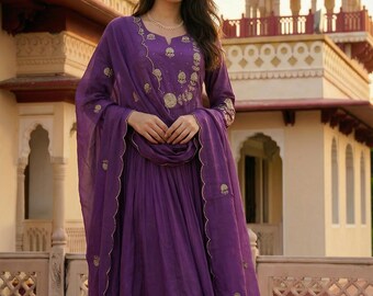 Purple Chanderi Silk Embroidered Salwar Kameez Suit, Party Wear Indian Dress