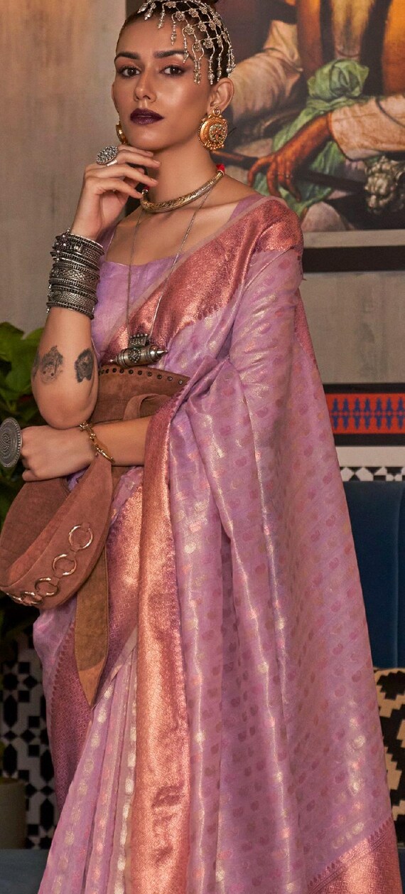 Sari In Georgette Rosso Con Camicetta In Seta - Taglia Unica Donna - Prodotto In India