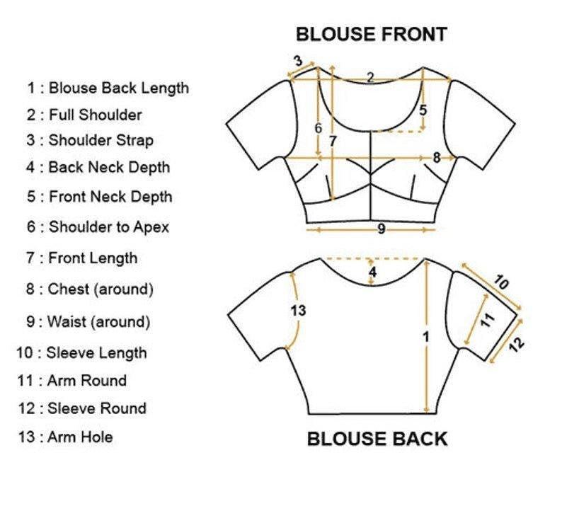 Op de afbeelding: Diagram met afmetingen van een blouse. De afbeelding toont de voor- en achteraanzichten van een blouse, met genummerde lijnen die verschillende afmetingen aangeven, zoals ruglengte, schouderbreedte en mouwlengte in centimeters.