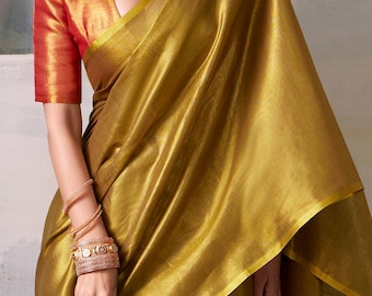 Yellow  Saree,Tissue Silk Saree for Women wedding, party, festive WearGolden,Stylish Blouse Sari,Trendy, Saree,Traditonal sari