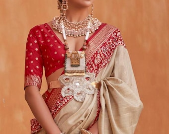 Off White Red Pure Silk Saree For Women Wedding Party Wear Sari with Weaving with Stitched Blouse USA