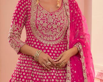 Embroidered Pink Silk Salwar Kameez, Pakistani Sharara Palazzo Suit Set