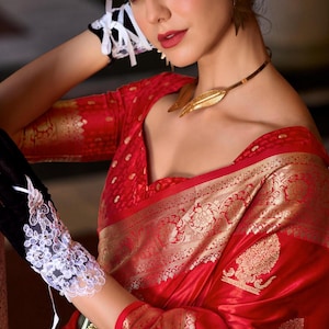 Traditional Red Sari Designer Ready to wear Silk  saree Bollywood Style saree Wedding Party Wear Saree with stitch blouse Red