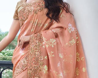 Wedding Saree,Modern Silk Saree ,Saree For USA Women, Designer Saree, Party Wear Saree, ,Wedding Wear Saree, peach color Saree, Saree.