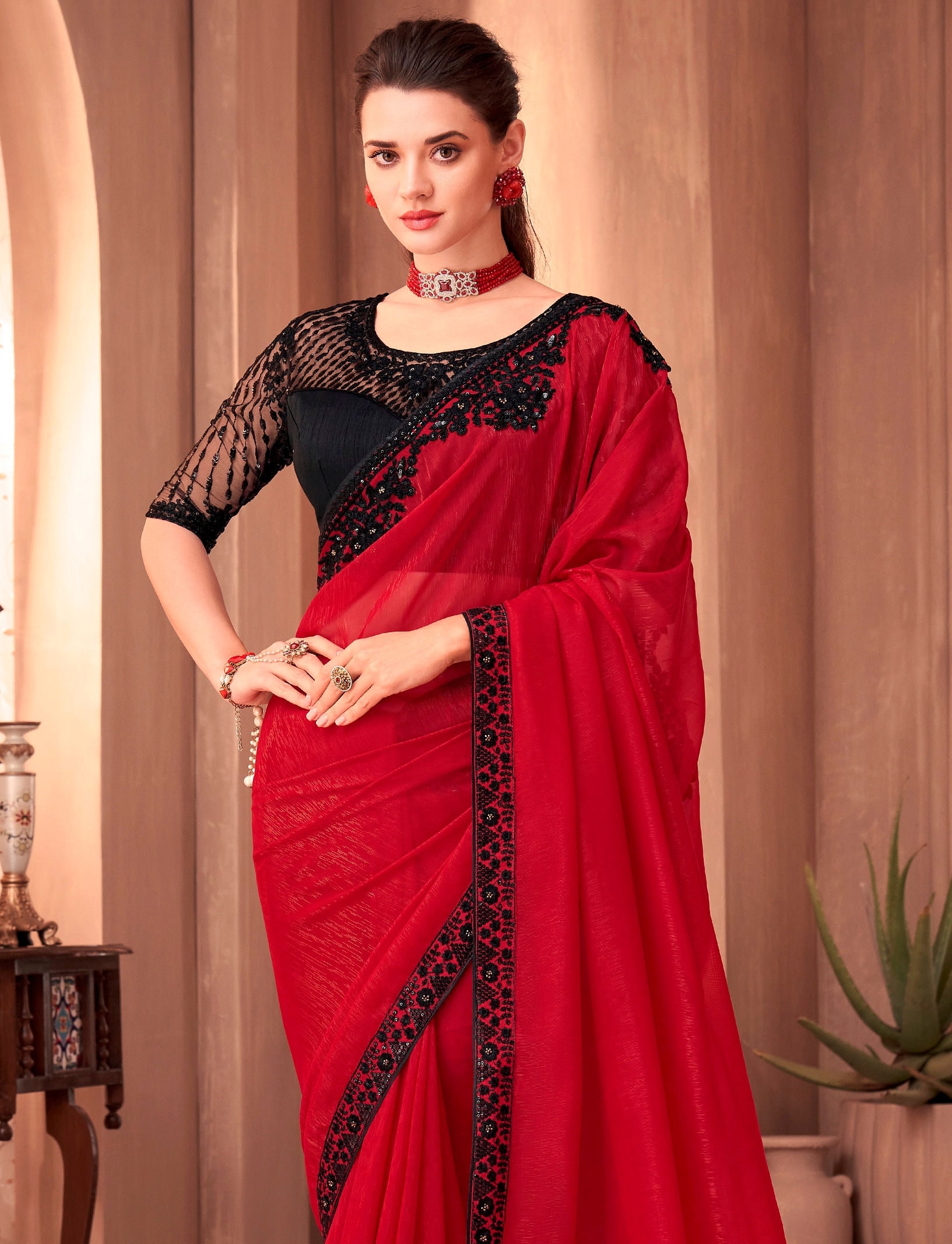 Red and black saree party wear deals