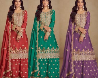 Traje rojo, morado y azul para bodas y fiestas en Pakistán e India. Trajes de diseñador Salwar Kameez listos para usar con dupatta de seda bordada.