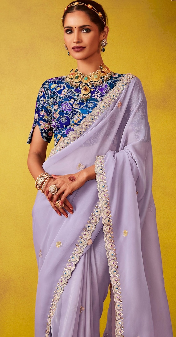 Indian Wedding Wear Saree: Lavender Silk Sari, Festive Sarees, Reception Party Women,Trendy Sari color, purple saree,tissue silk sari