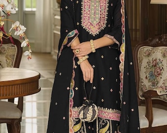 Black Silk Embroidered Kameez Suit for Women with Dupatta – Party Wear Wedding Outfit
