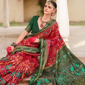 Red Patola Silk Saree, Traditional Indian Wedding Sari