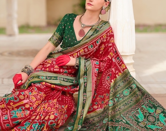 Czerwone najnowsze jedwabne sari Patola Sari Patola Sari Designerskie ślubne sari Jedwabne sari