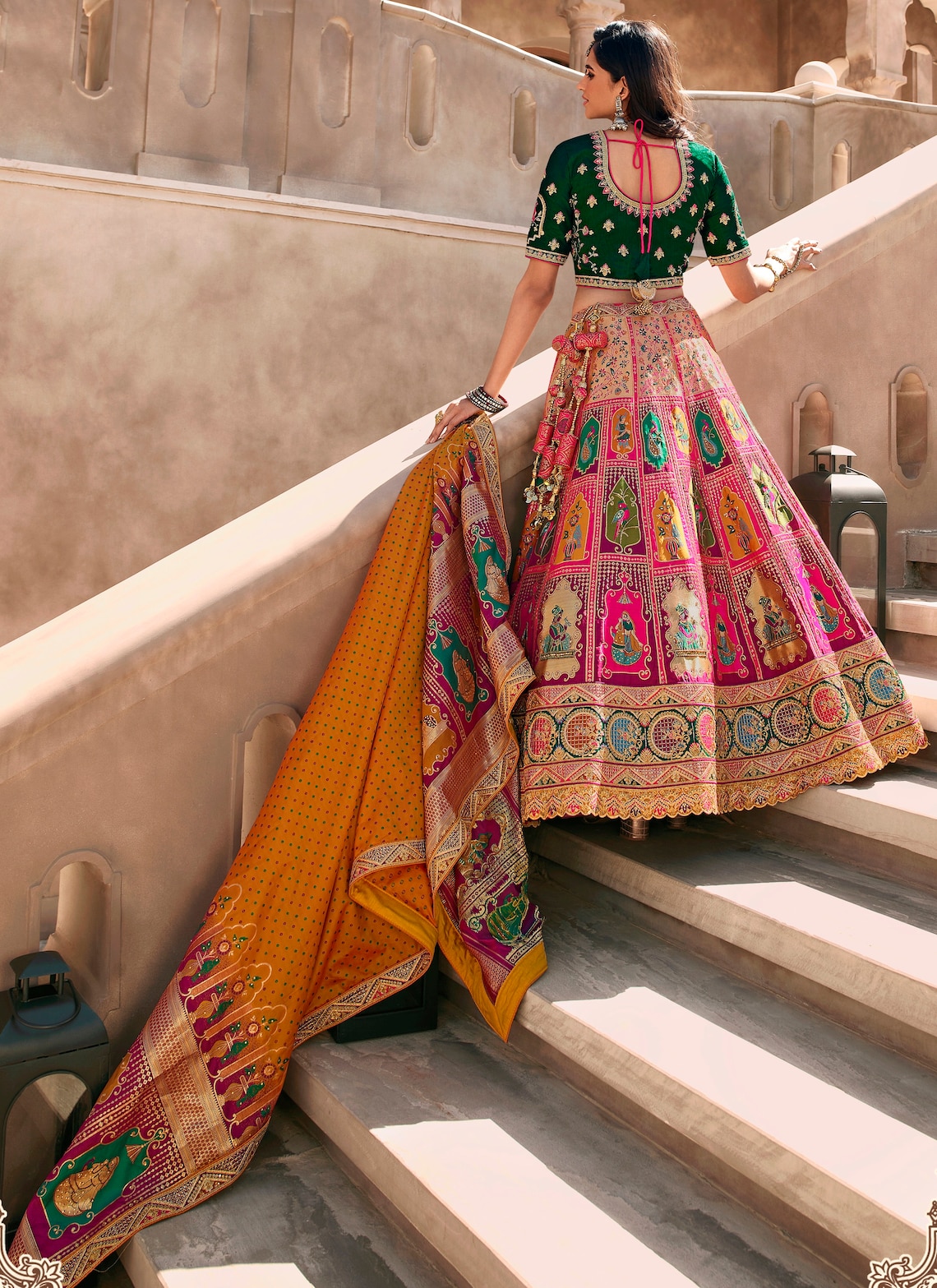 Pink and Green Silk Lehenga for Weddings & Festive Wear Sequin Zarkan Work with Belt & Latkan - Buy main image 0
