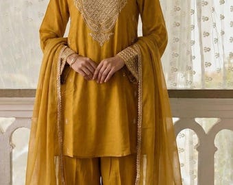 Yellow Cotton Silk Sharara Suit Set with Heavy Embroidery – Pakistani Wedding Dress