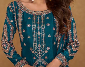 Pakistani designer 3 Piece Silk Salwar Kameez with Heavy Dupatta Neck Pattern Suit, Salwar Kameez, Pakistani suit,Plus size Dress