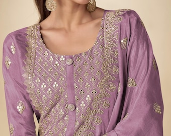 Embroidered Silk Salwar Kameez Suit, Lavender Eid Party Wear, Pakistani Indian Dress