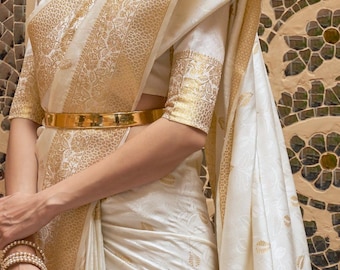 Off White Golden  Kanjivaram Silk Saree – Bridal Wedding Festive Wear