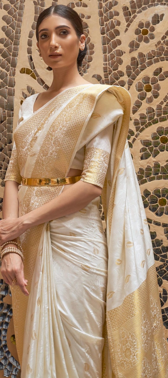 Off White Golden  Kanjivaram Silk Saree – Bridal Wedding Festive Wear