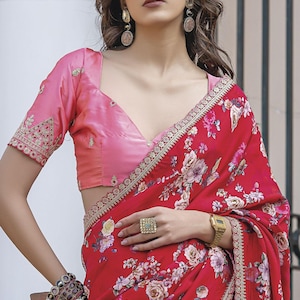 Digital print Red Saree, Ready to wear blouse, Silk saree, Bollywood saree, Wedding, Party Wear, Saree with stitch blouse