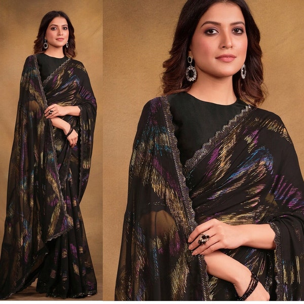 Modern Black Silk Saree , Saree For USA Women, Designer Saree, Party Wear Saree, black sari,Wedding Wear Saree, Black Saree, Saree.