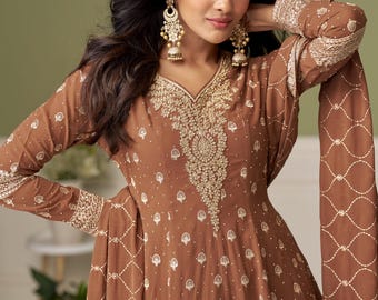 Traje palazzo de seda bordado, ropa para fiestas de bodas indias y pakistaníes, dupatta azul y morada.